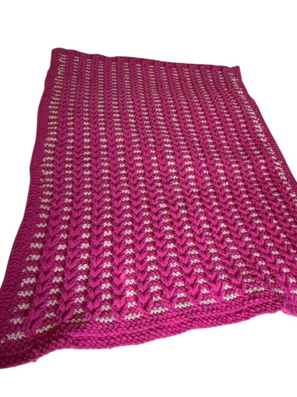 Handmade Chunky Chenille Crochet Blanket Hot Pink White Cozy Throw 57x40 - Picture 5 of 7
